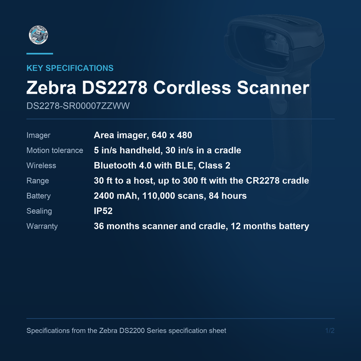 Zebra DS2278 Cordless 1D/2D Barcode Scanner Black Scanner Only DS2278-SR00007ZZWW Barcode Printer Shop