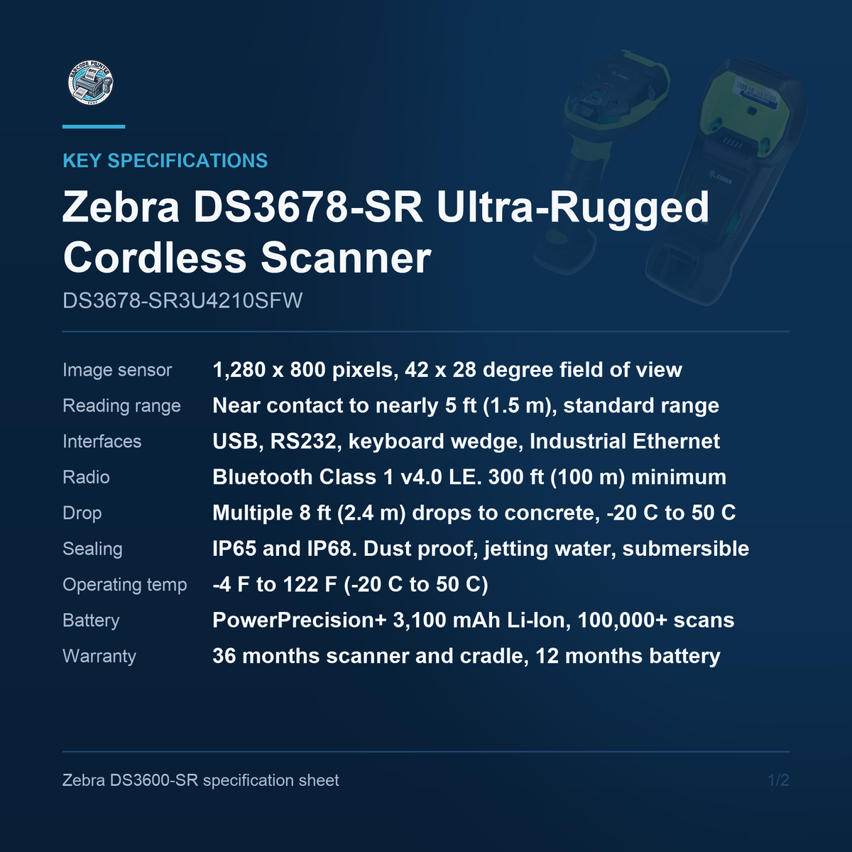 Zebra DS3678-SR Ultra-Rugged Cordless Scanner USB Cradle Kit with Line Cord DS3678-SR3U4210SFW Barcode Printer Shop