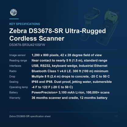 Zebra DS3678-SR Ultra-Rugged Cordless Scanner USB Cradle Kit with Line Cord DS3678-SR3U4210SFW Barcode Printer Shop
