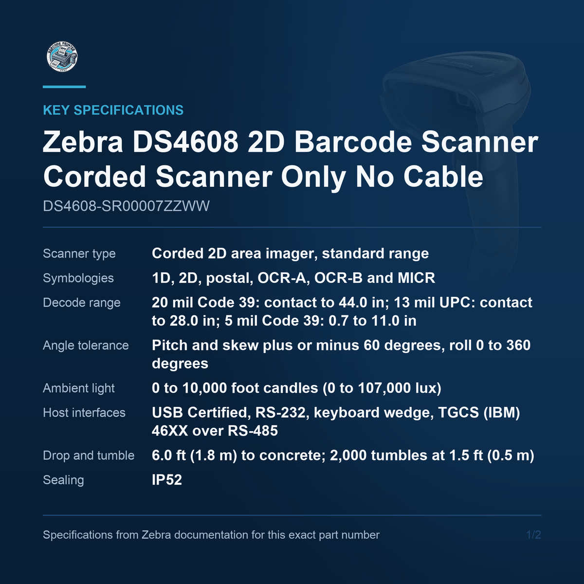 Zebra DS4608 2D Barcode Scanner Corded Scanner Only No Cable DS4608-SR00007ZZWW Barcode Printer Shop