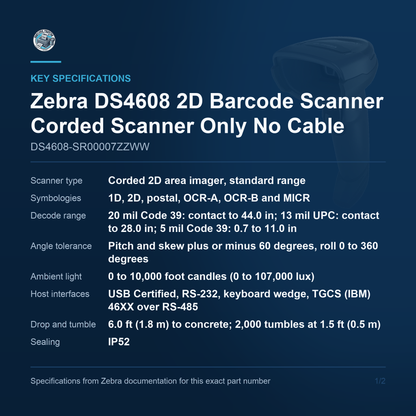 Zebra DS4608 2D Barcode Scanner Corded Scanner Only No Cable DS4608-SR00007ZZWW Barcode Printer Shop