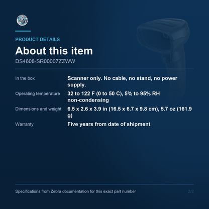Zebra DS4608 2D Barcode Scanner Corded Scanner Only No Cable DS4608-SR00007ZZWW Barcode Printer Shop