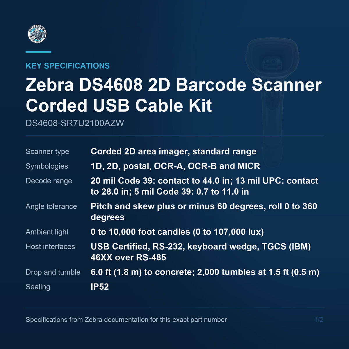 Zebra DS4608 2D Barcode Scanner Corded USB Cable Kit DS4608-SR7U2100AZW Barcode Printer Shop