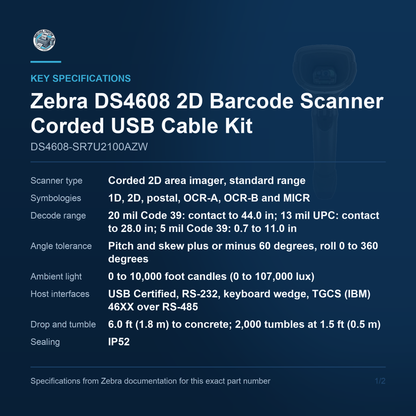 Zebra DS4608 2D Barcode Scanner Corded USB Cable Kit DS4608-SR7U2100AZW Barcode Printer Shop