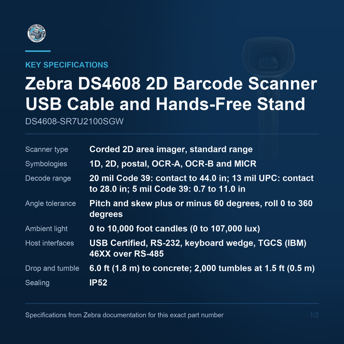 Zebra DS4608 2D Barcode Scanner USB Cable and Hands-Free Stand Kit DS4608-SR7U2100SGW Barcode Printer Shop