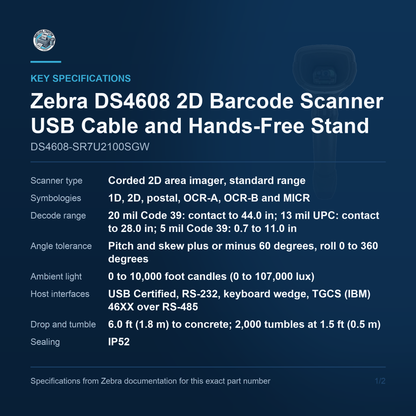Zebra DS4608 2D Barcode Scanner USB Cable and Hands-Free Stand Kit DS4608-SR7U2100SGW Barcode Printer Shop