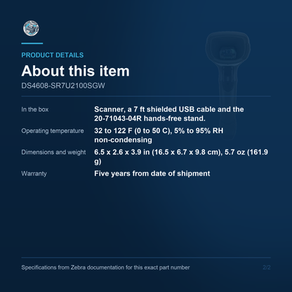 Zebra DS4608 2D Barcode Scanner USB Cable and Hands-Free Stand Kit DS4608-SR7U2100SGW Barcode Printer Shop