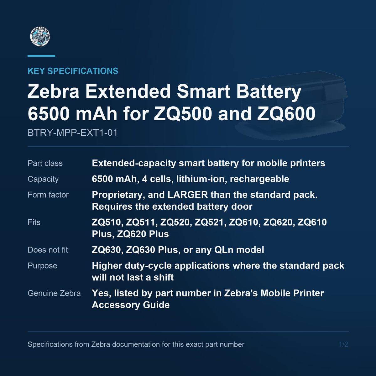 Zebra Extended Smart Battery 6500 mAh for ZQ510 ZQ520 ZQ610 ZQ620 Mobile Printers BTRY-MPP-EXT1-01 Barcode Printer Shop