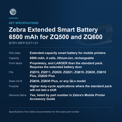 Zebra Extended Smart Battery 6500 mAh for ZQ510 ZQ520 ZQ610 ZQ620 Mobile Printers BTRY-MPP-EXT1-01 Barcode Printer Shop