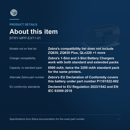 Zebra Extended Smart Battery 6500 mAh for ZQ510 ZQ520 ZQ610 ZQ620 Mobile Printers BTRY-MPP-EXT1-01 Barcode Printer Shop