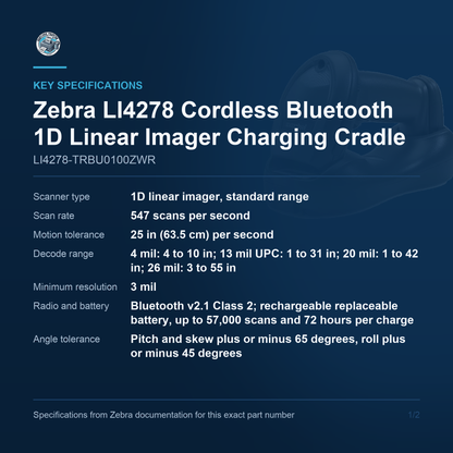 Zebra LI4278 Cordless Bluetooth 1D Linear Imager Charging Cradle Kit LI4278-TRBU0100ZWR Barcode Printer Shop