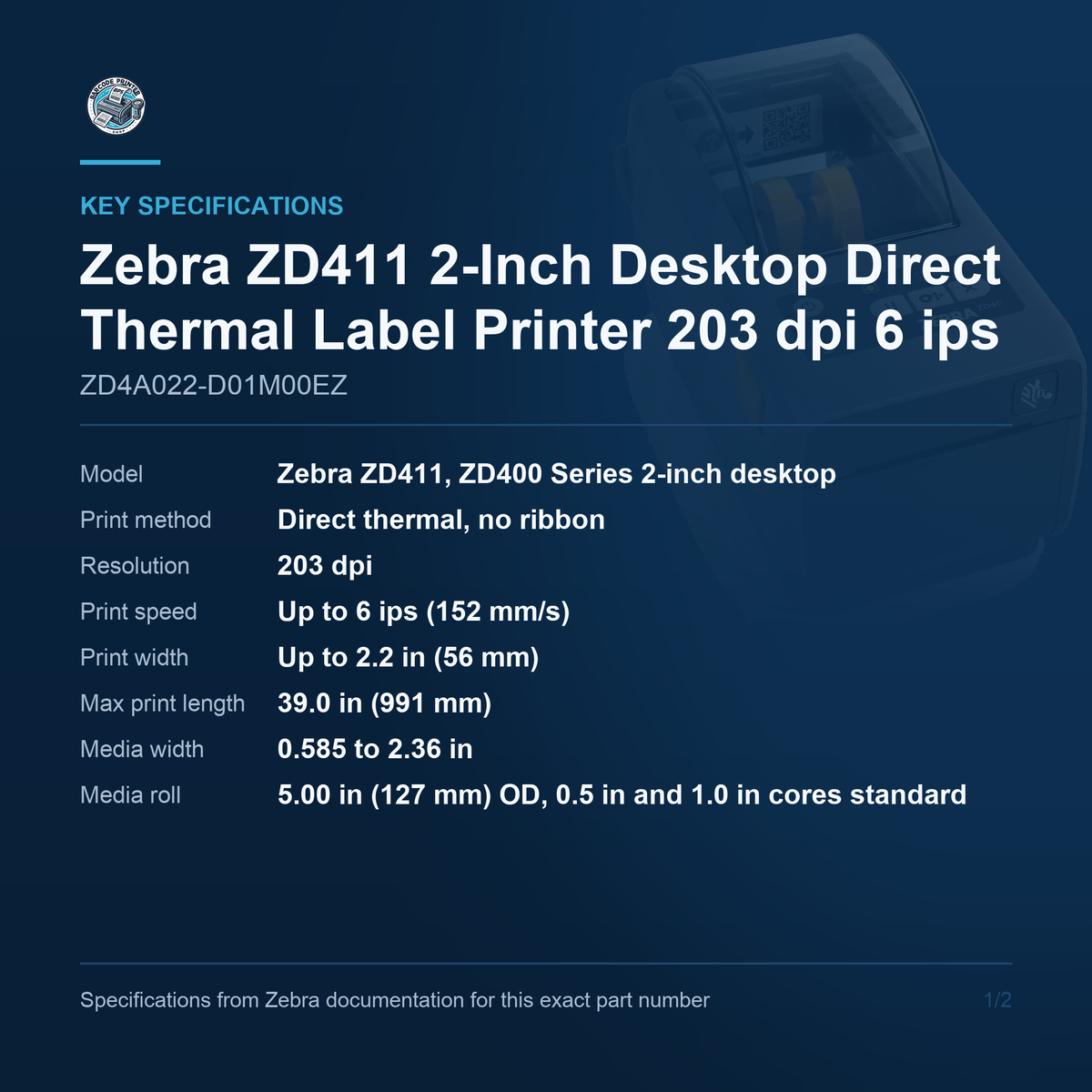 Zebra ZD411 2-Inch Desktop Direct Thermal Label Printer 203 dpi 6 ips USB Bluetooth LE No Ethernet ZD4A022-D01M00EZ Barcode Printer Shop