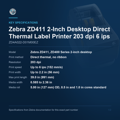 Zebra ZD411 2-Inch Desktop Direct Thermal Label Printer 203 dpi 6 ips USB Bluetooth LE No Ethernet ZD4A022-D01M00EZ Barcode Printer Shop