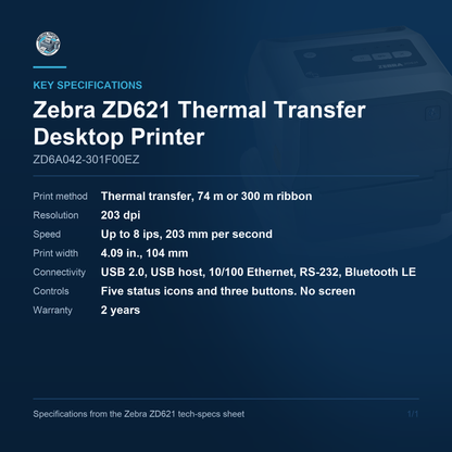 Zebra ZD621 4-Inch Desktop Thermal Transfer Label Printer 203 dpi 8 ips USB Ethernet Serial Bluetooth LE ZD6A042-301F00EZ Barcode Printer Shop