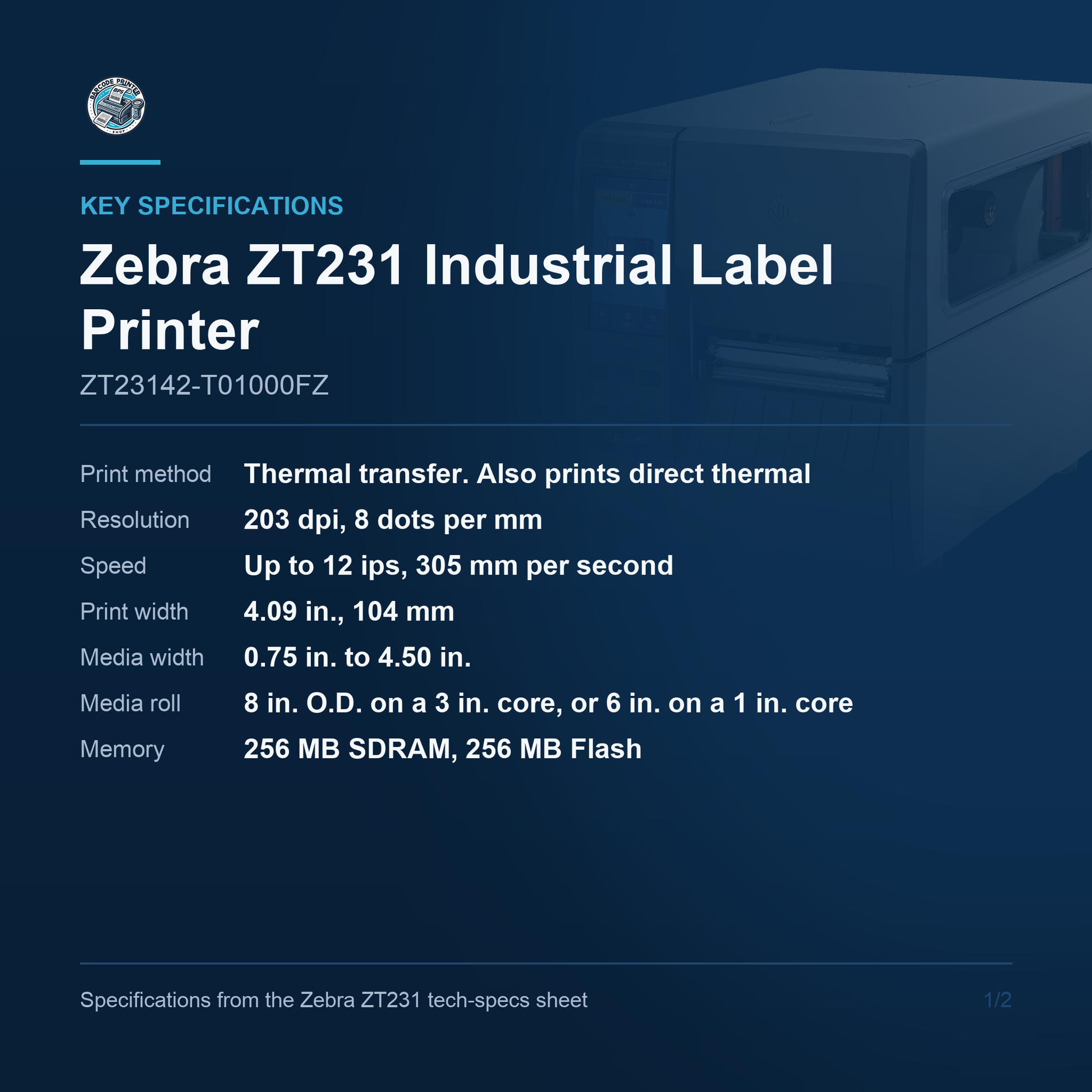 Zebra ZT231 4-Inch Industrial Label Printer 203 dpi Thermal Transfer Tear-Off USB Ethernet Serial ZT23142-T01000FZ Barcode Printer Shop