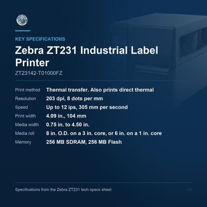 Zebra ZT231 4-Inch Industrial Label Printer 203 dpi Thermal Transfer Tear-Off USB Ethernet Serial ZT23142-T01000FZ Barcode Printer Shop