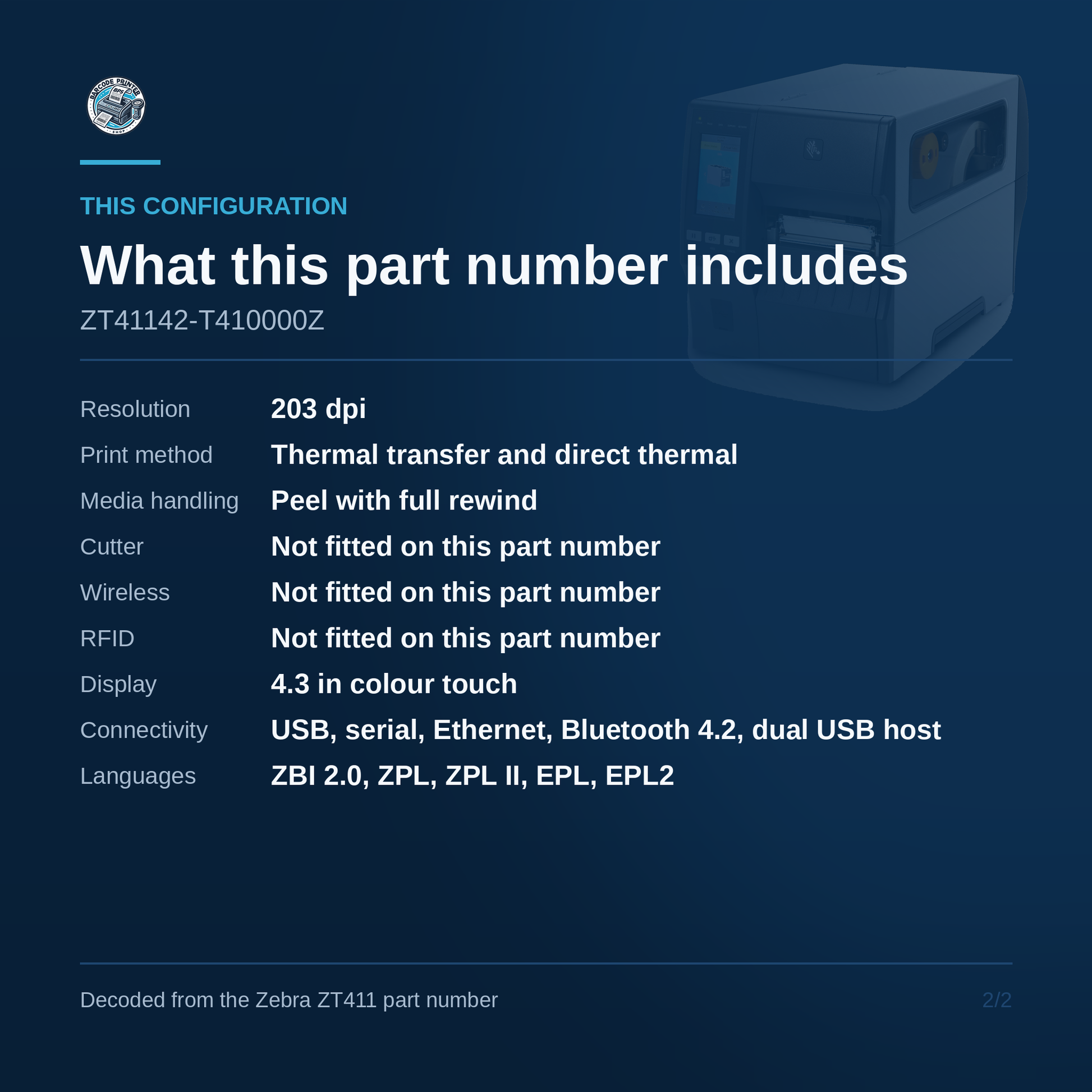 Zebra ZT411 Industrial Label Printer 203 DPI Thermal Transfer Peel Rewind Touch Display ZT41142-T410000Z Barcode Printer Shop
