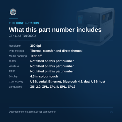 Zebra ZT411 Industrial Label Printer 300 DPI Thermal Transfer Tear-Off Touch Display ZT41143-T010000Z Barcode Printer Shop