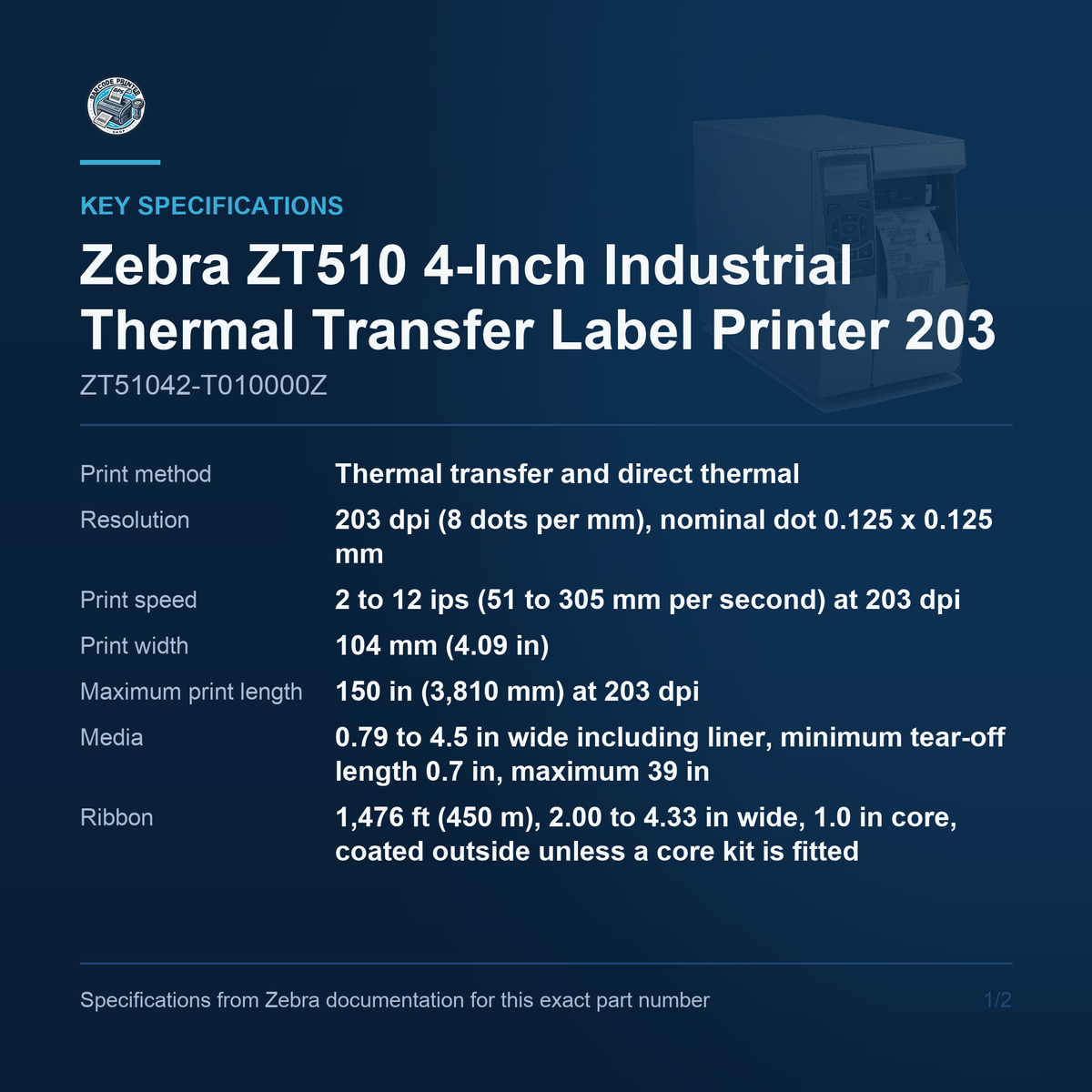 Zebra ZT510 4-Inch Industrial Thermal Transfer Label Printer 203 dpi 12 ips Gigabit Ethernet Bluetooth ZT51042-T010000Z Barcode Printer Shop