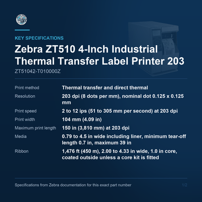 Zebra ZT510 4-Inch Industrial Thermal Transfer Label Printer 203 dpi 12 ips Gigabit Ethernet Bluetooth ZT51042-T010000Z Barcode Printer Shop