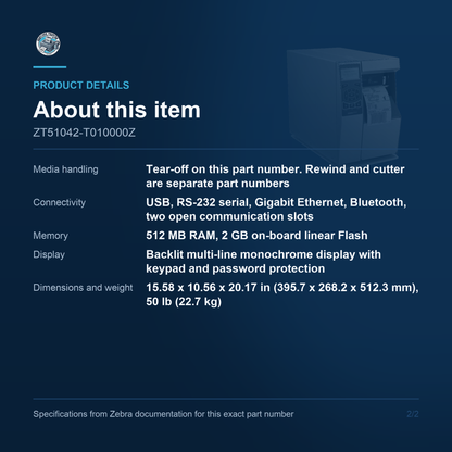 Zebra ZT510 4-Inch Industrial Thermal Transfer Label Printer 203 dpi 12 ips Gigabit Ethernet Bluetooth ZT51042-T010000Z Barcode Printer Shop
