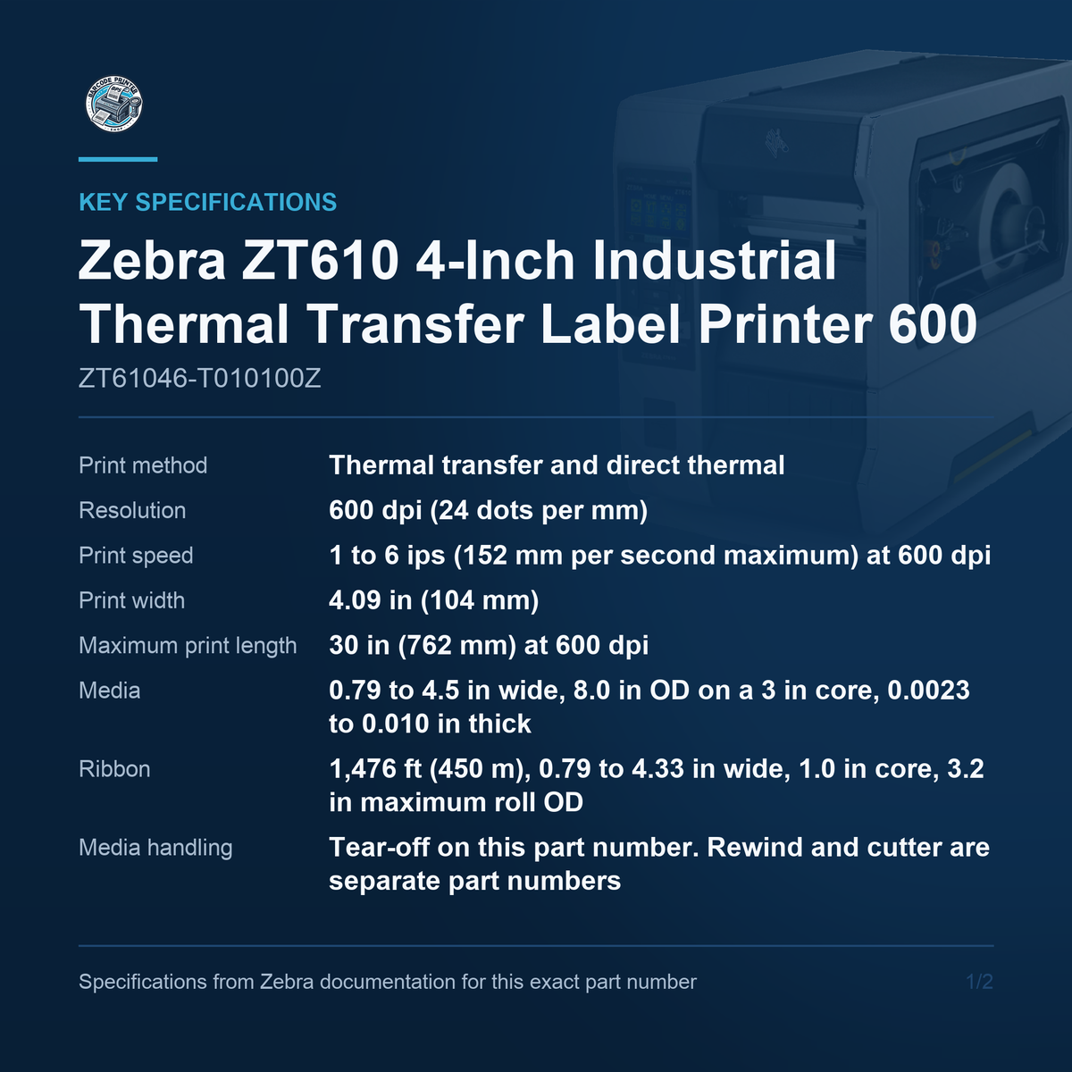 Zebra ZT610 4-Inch Industrial Thermal Transfer Label Printer 600 dpi Colour Touch Gigabit Ethernet ZT61046-T010100Z Barcode Printer Shop