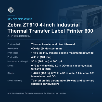 Zebra ZT610 4-Inch Industrial Thermal Transfer Label Printer 600 dpi Colour Touch Gigabit Ethernet ZT61046-T010100Z Barcode Printer Shop