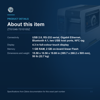Zebra ZT610 4-Inch Industrial Thermal Transfer Label Printer 600 dpi Colour Touch Gigabit Ethernet ZT61046-T010100Z Barcode Printer Shop